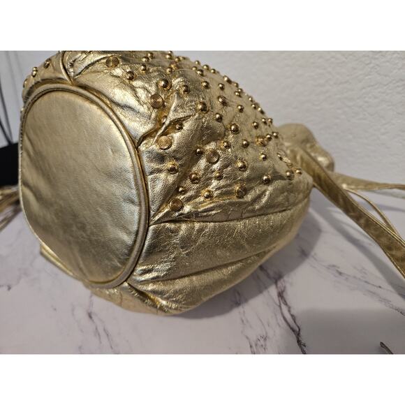 Viva Of California Gold Leather Studded Tassels Vintage Bucket Handbag 11x10x5 - Picture 10 of 14